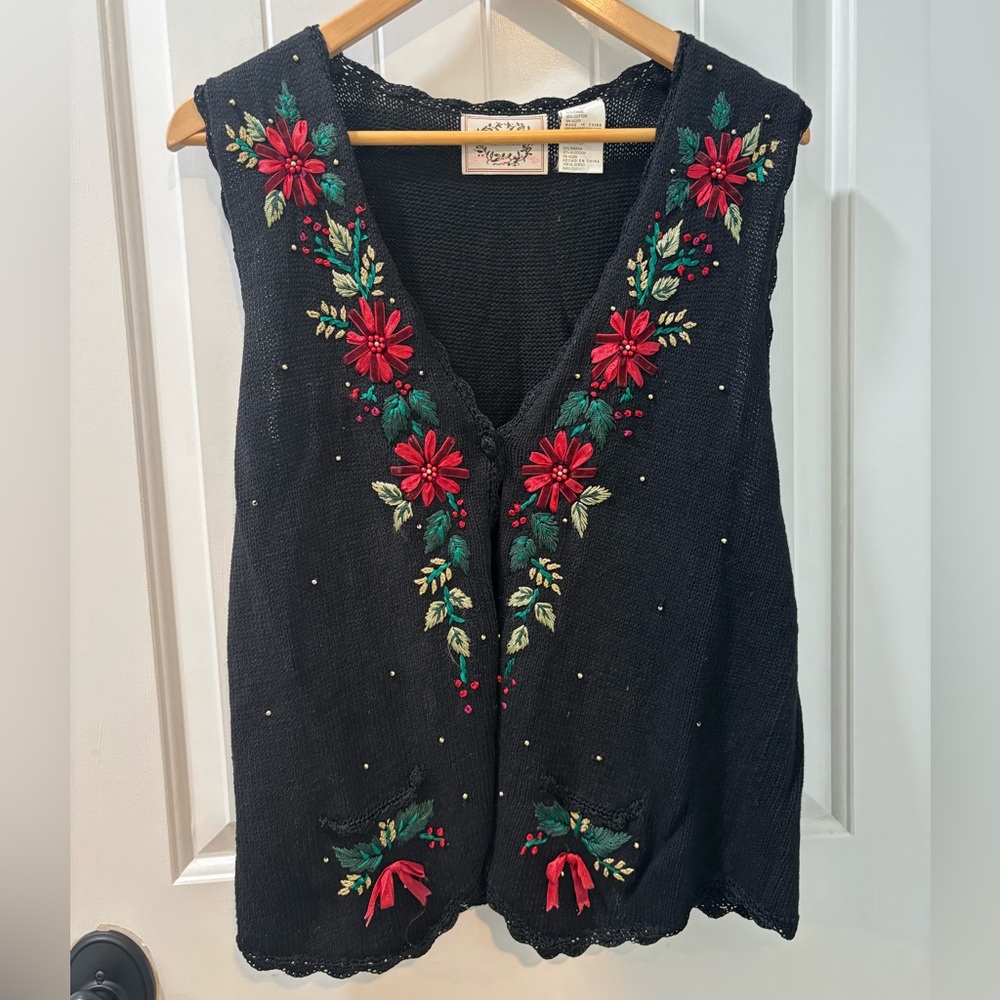 Vintage Erika Christmas Sweater Vest Festive Red Green Floral Embroidery Beading